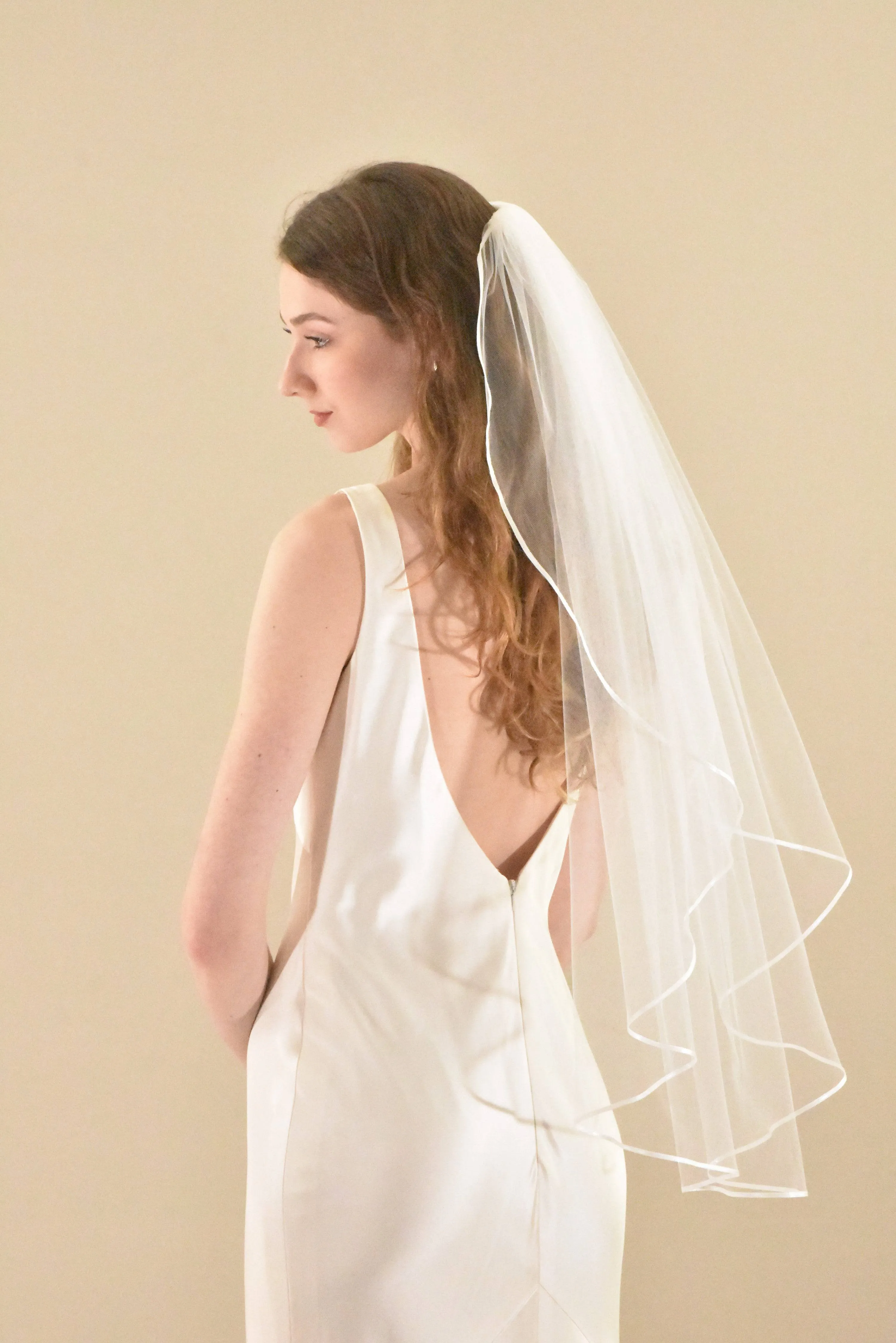 Classic Mid Length Veil with Thin Satin Ribbon Trim