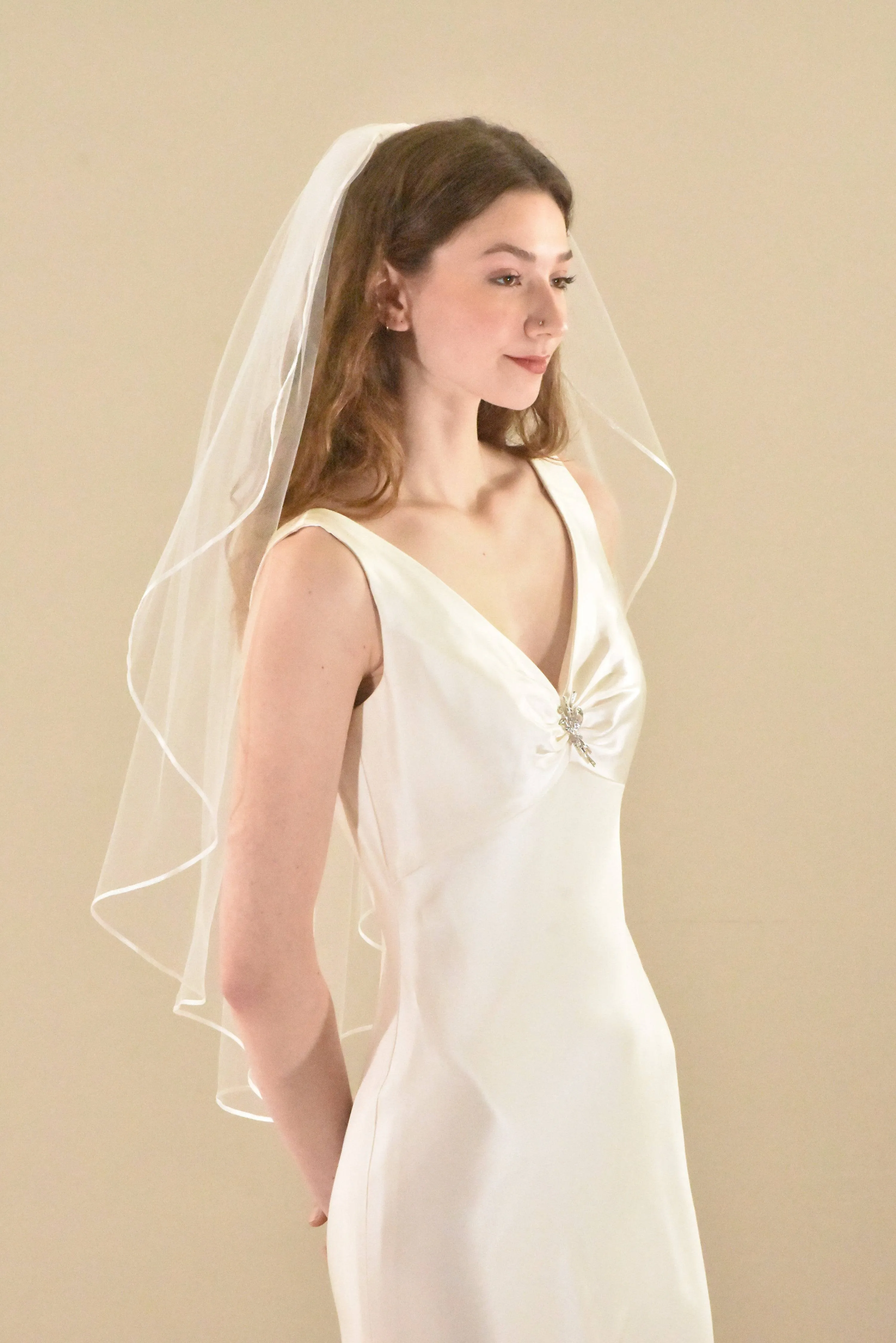 Classic Mid Length Veil with Thin Satin Ribbon Trim