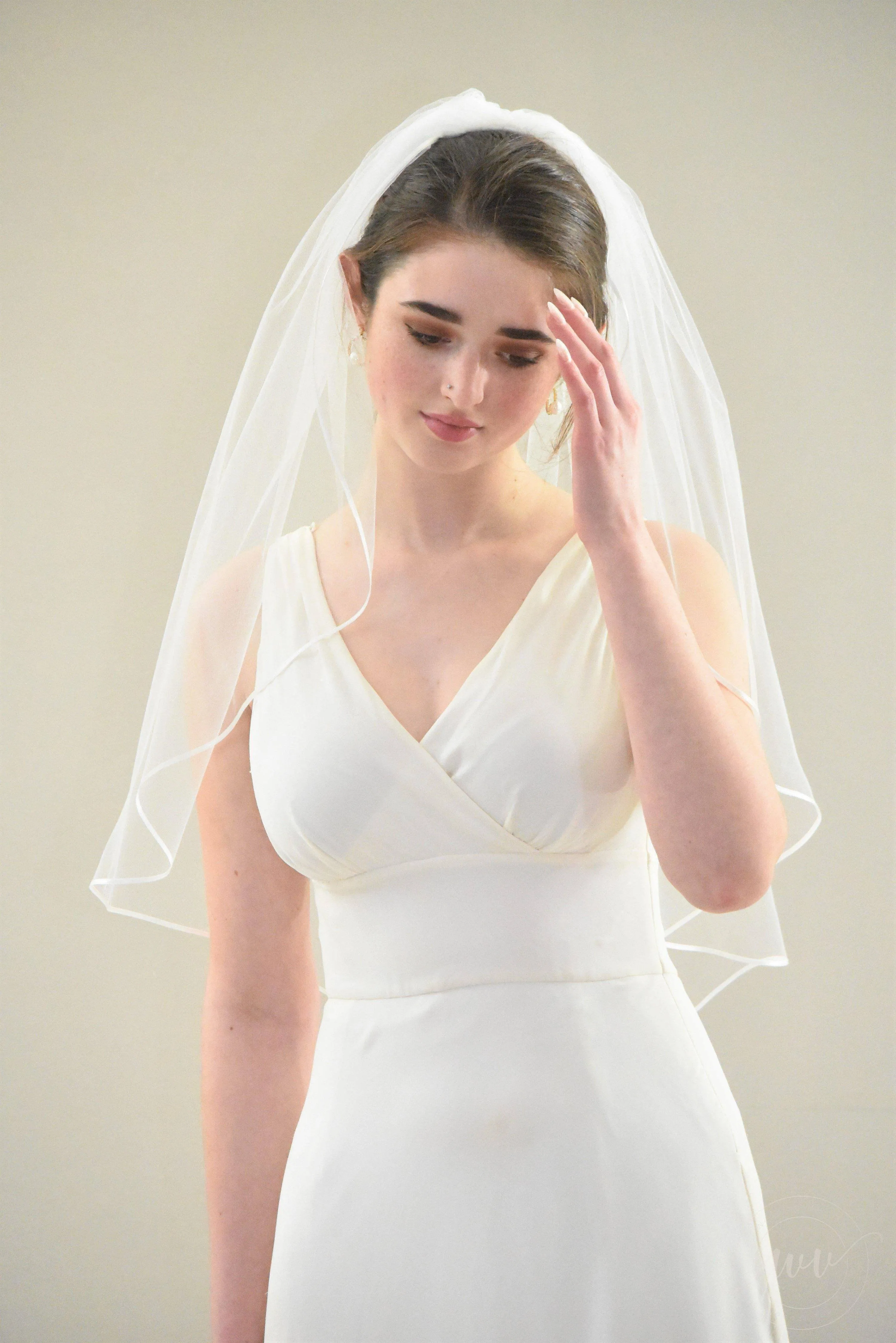 Classic Mid Length Veil with Thin Satin Ribbon Trim