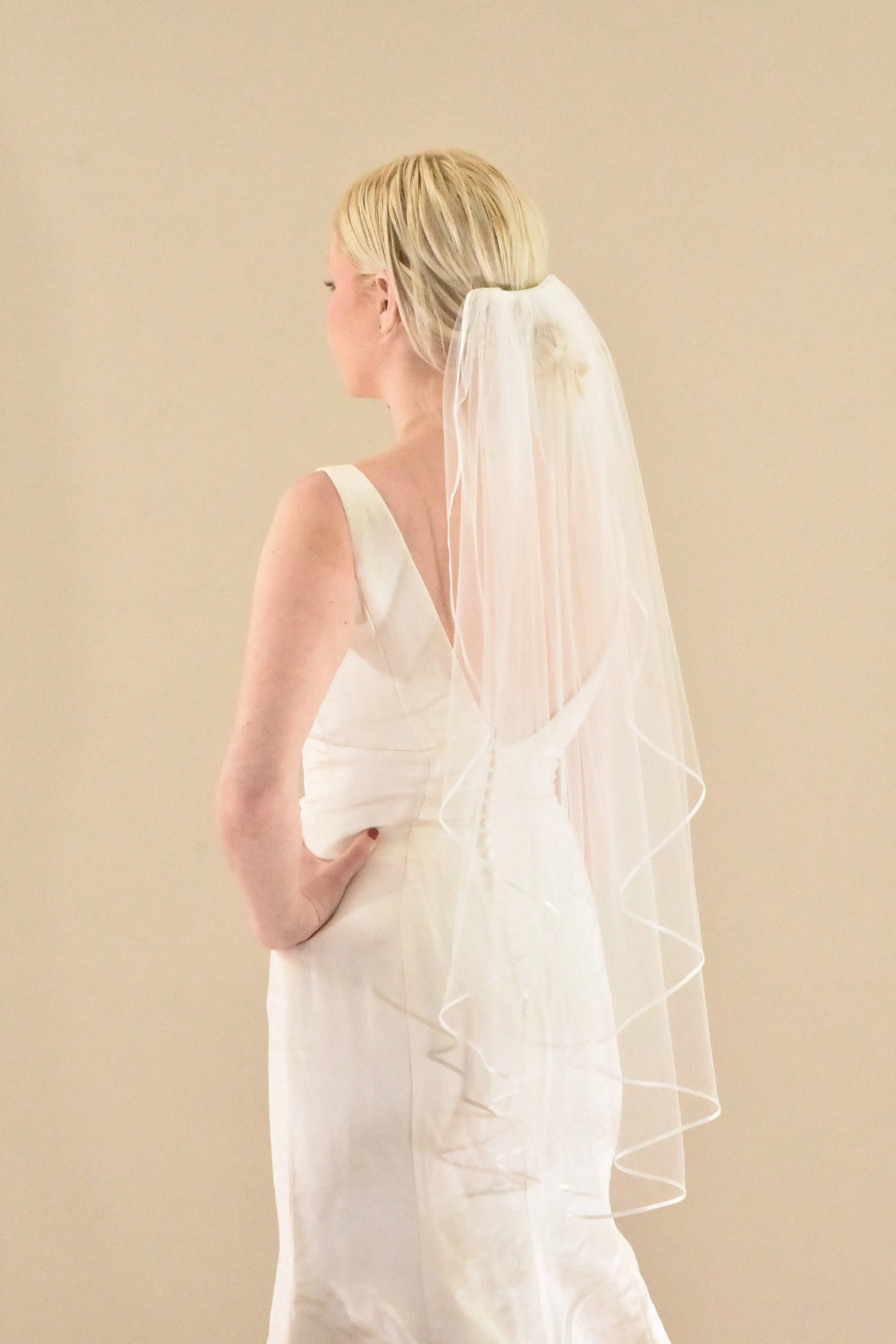 Classic Mid Length Veil with Thin Satin Ribbon Trim