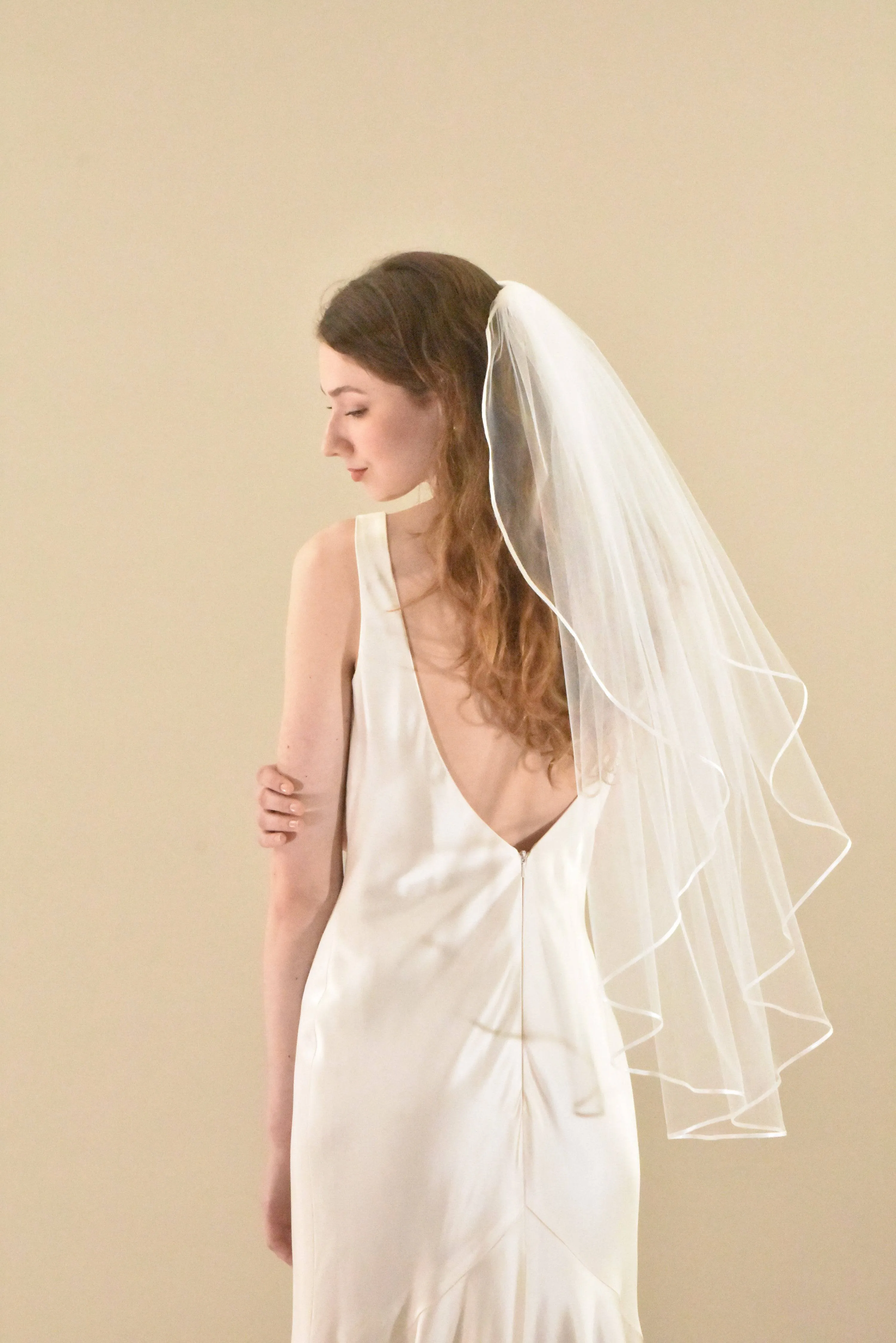 Classic Mid Length Veil with Thin Satin Ribbon Trim