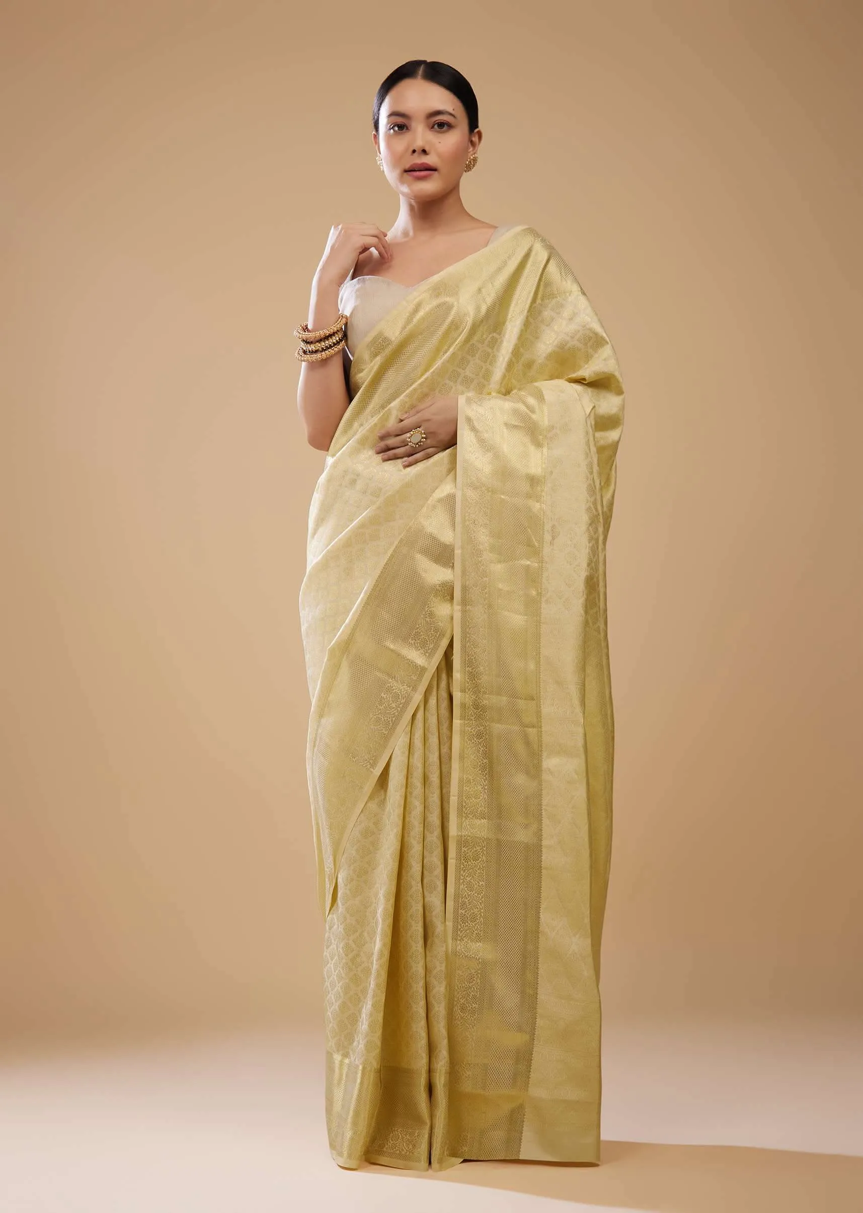 Cream White Kanjivaram Silk Saree In Intricate Weave
