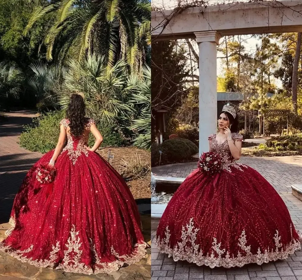 Dark Red Beaded Ball Gown Quinceanera Dresses Gold Beads Sweet 16 Dress Pageant Gowns vestido de 15 anos años quinceañera
