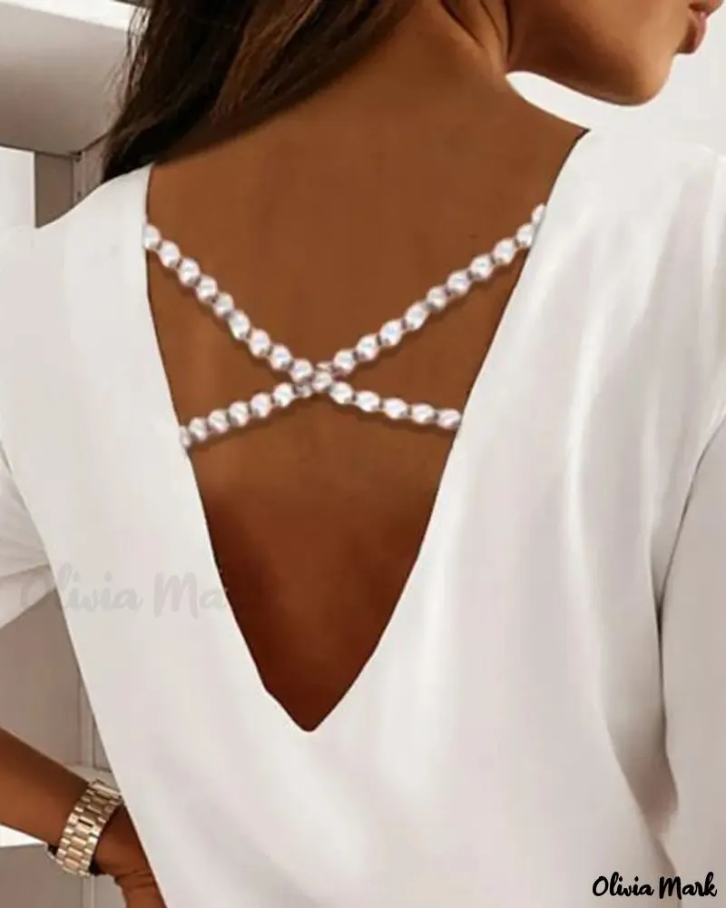 Deanwangkt - Long sleeve V-back top with criss-cross bead decor