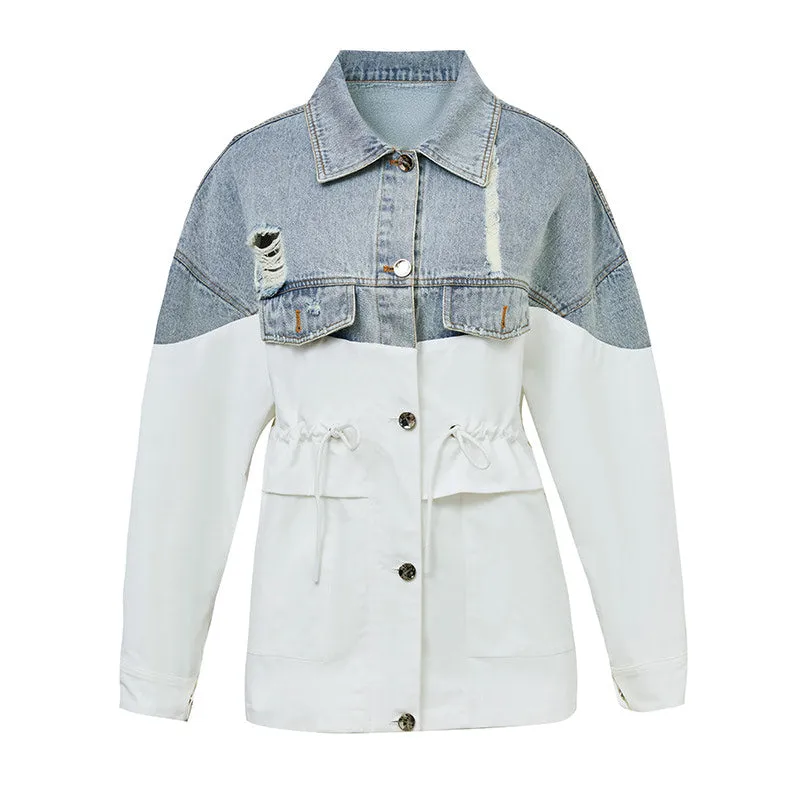 Denim color-block fashion mid-length coat