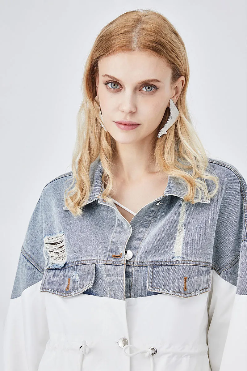 Denim color-block fashion mid-length coat