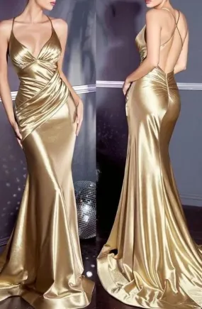 Elegant Formal Dresses Spaghetti Straps Gold Long Prom Dress Mermaid Formal Evening Dress