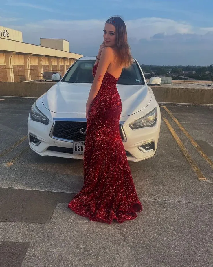 Elegant Formal Dresses Strapless Red Sequin Formal Dresses Mermaid Sparkly Prom Dress