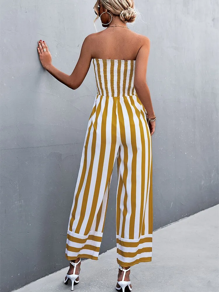 Elegant Strapless Jumpsuit Long Women Black Overalls Wide Leg Rompers