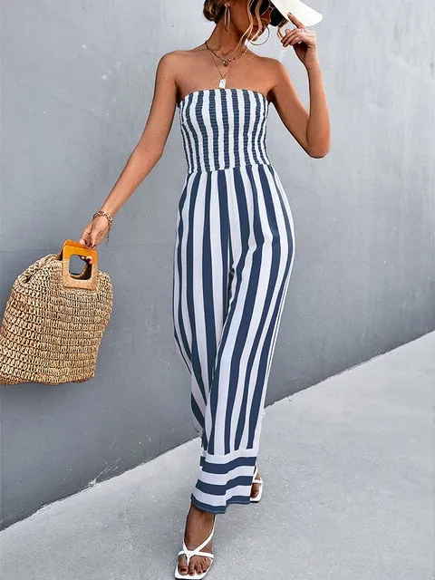 Elegant Strapless Jumpsuit Long Women Black Overalls Wide Leg Rompers