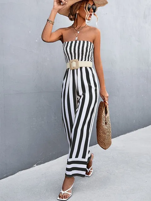 Elegant Strapless Jumpsuit Long Women Black Overalls Wide Leg Rompers