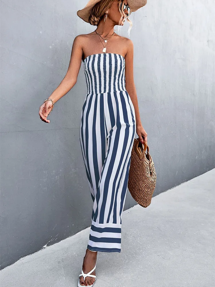 Elegant Strapless Jumpsuit Long Women Black Overalls Wide Leg Rompers