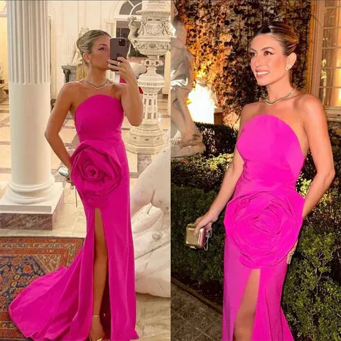 Elegant Strapless Long Prom Dress Sheath Party Gowns Flowers Occasion Evening Dress