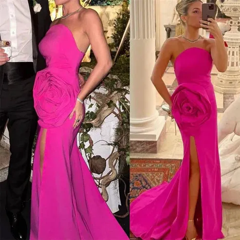 Elegant Strapless Long Prom Dress Sheath Party Gowns Flowers Occasion Evening Dress