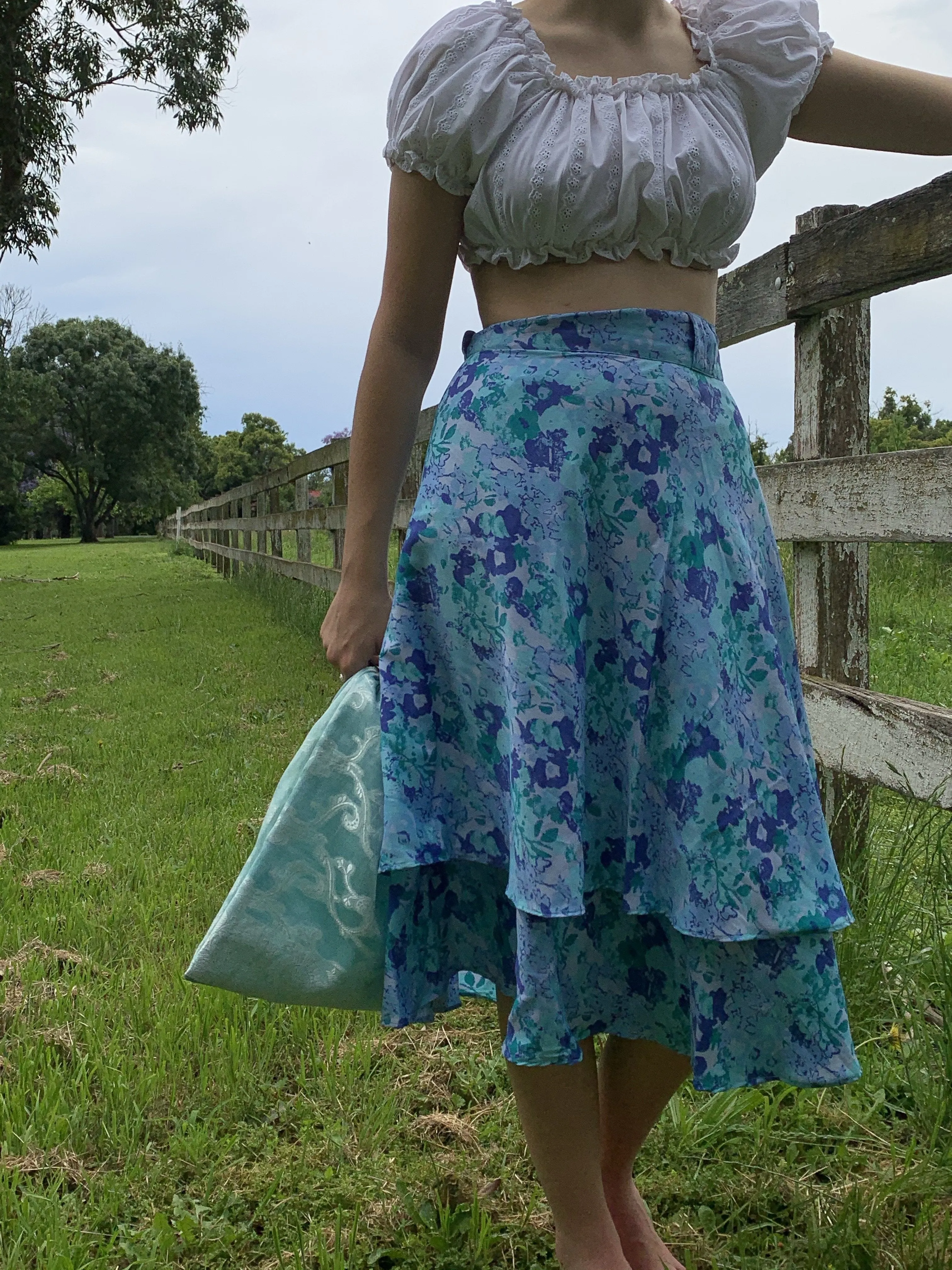 Fair Trade Upcycled Fabric Floral Blues Wrap Skirt