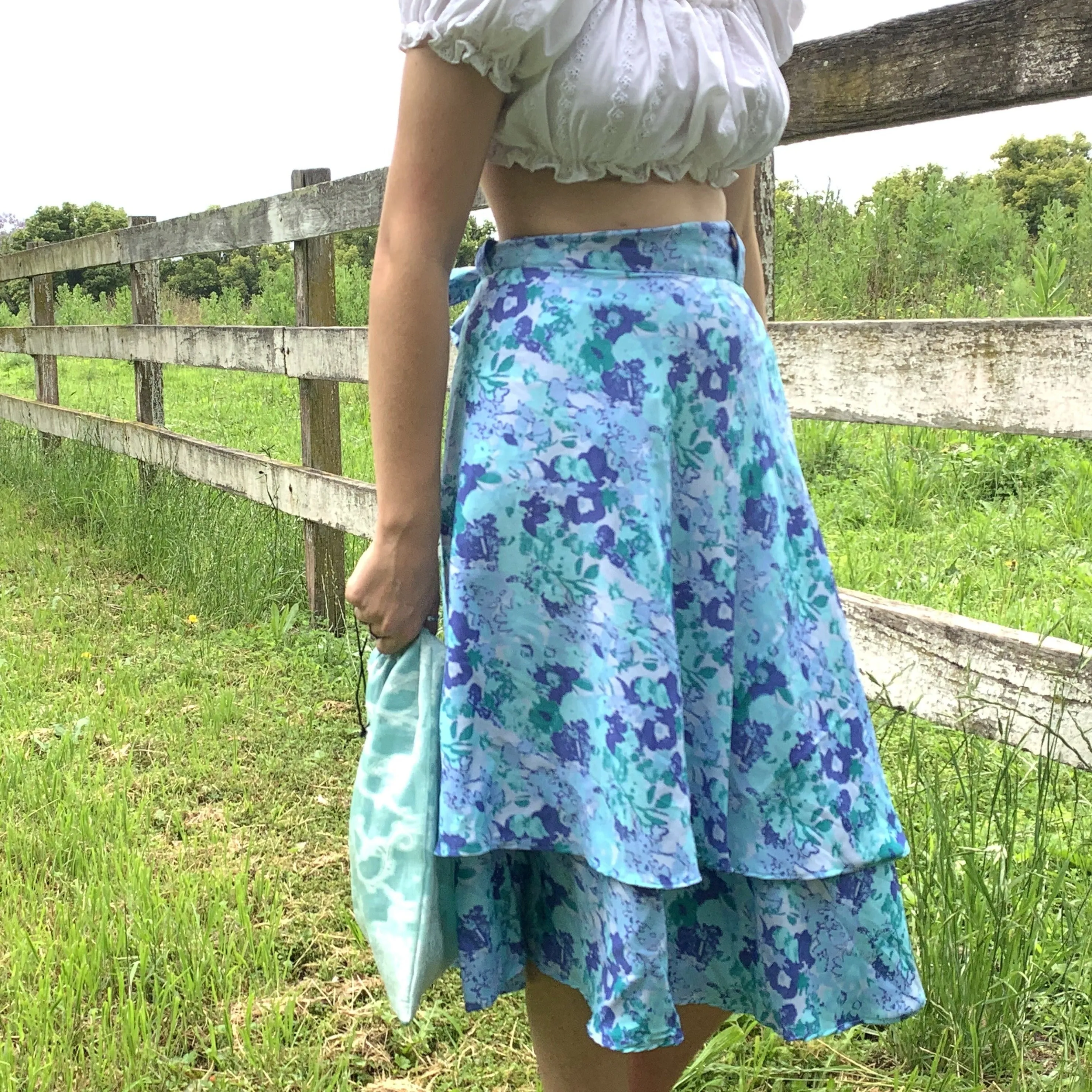 Fair Trade Upcycled Fabric Floral Blues Wrap Skirt