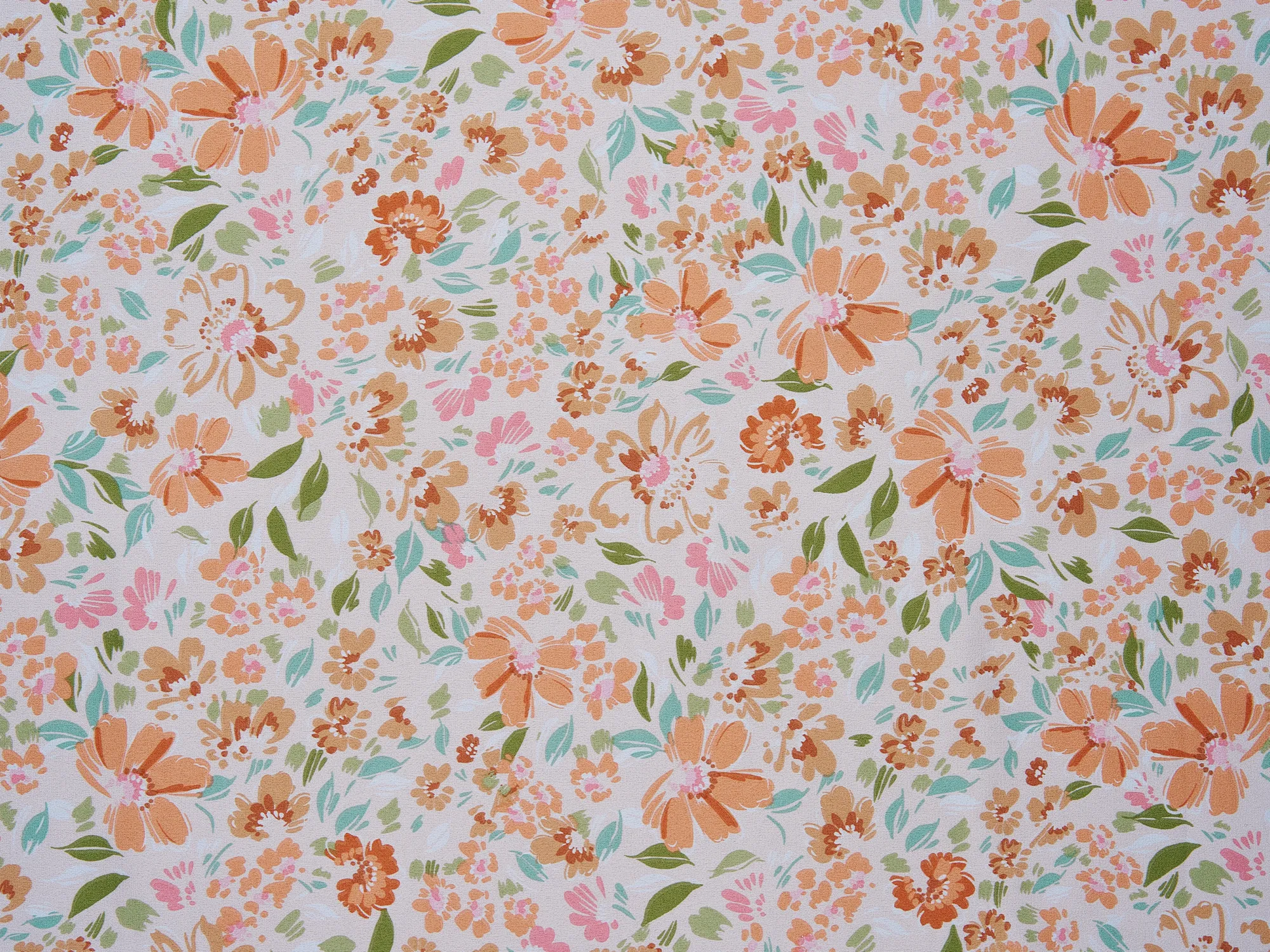 Faux silk charmeuse satin fabric by the yard - Black orange ivory   floral  print