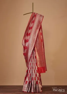 Fiery Red Zari Banarasi Saree In Katan Silk With Single Zari Work And Unstitched Blouse