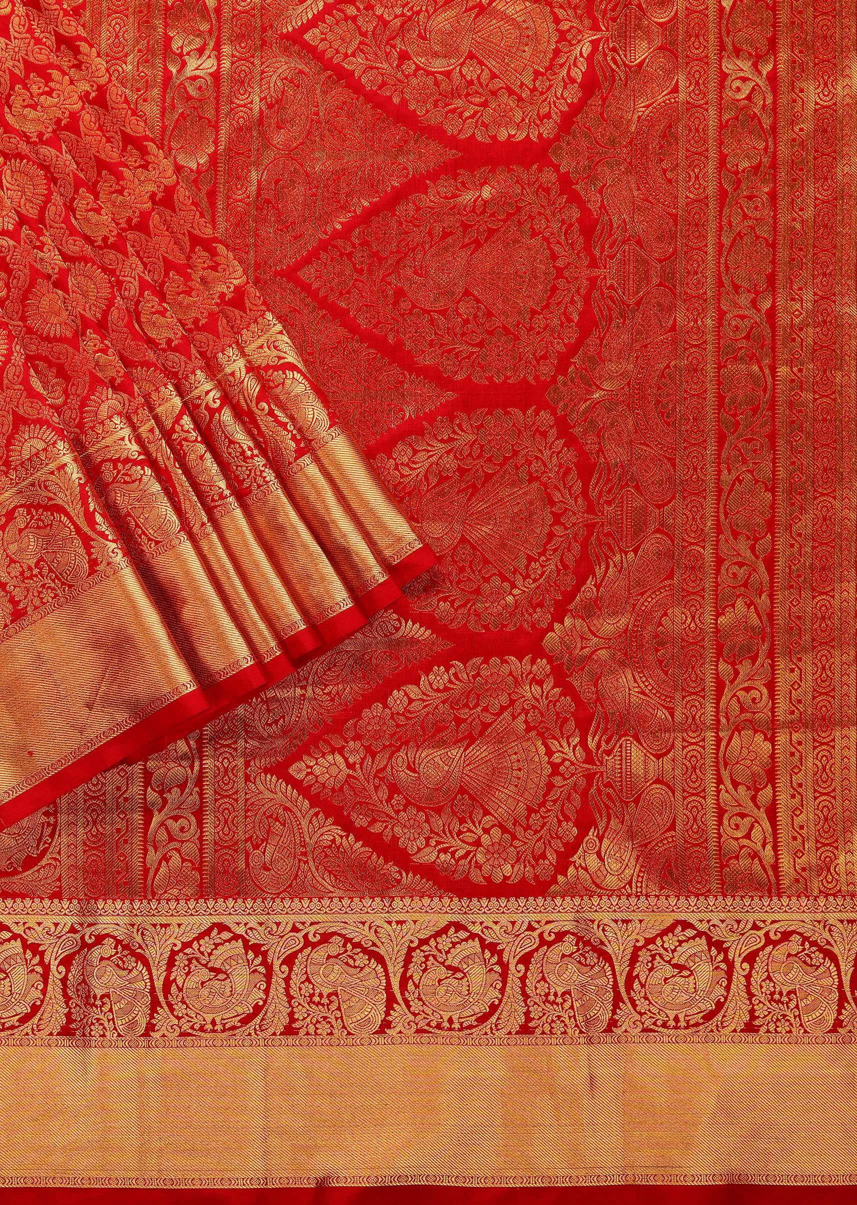 Fiery Red Zari Weave Kanjivaram Saree In Pure Uppada Silk With Unstitched Blouse