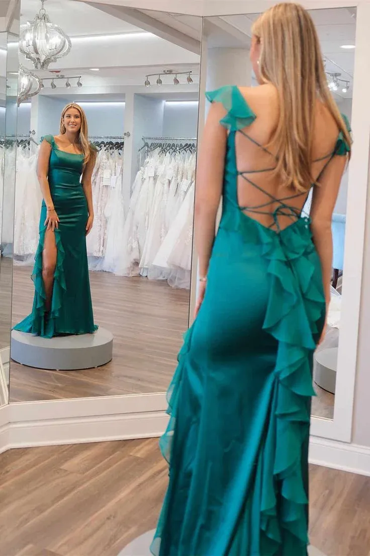 Formal Wear Dresses Green Straps Ruffle Mermaid Long Prom Dress Prom Dresses Shops Formal Women's Dresses