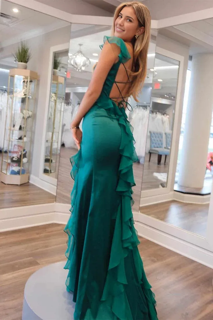 Formal Wear Dresses Green Straps Ruffle Mermaid Long Prom Dress Prom Dresses Shops Formal Women's Dresses