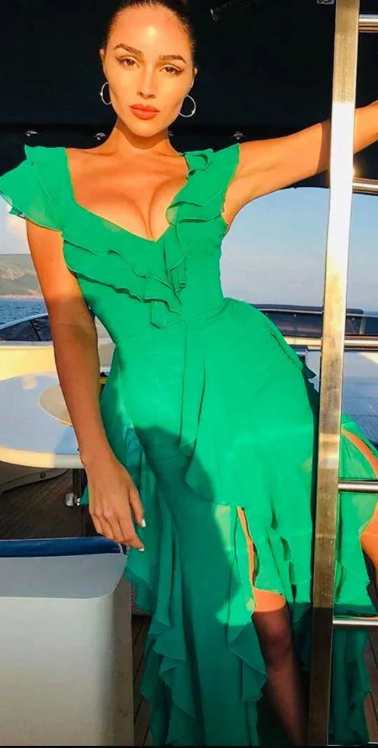 Formal Wear Dresses Green V Neck Ruffle Elegant Long Party Dress With Slit Prom Dresses Shops Formal Women's Dresses