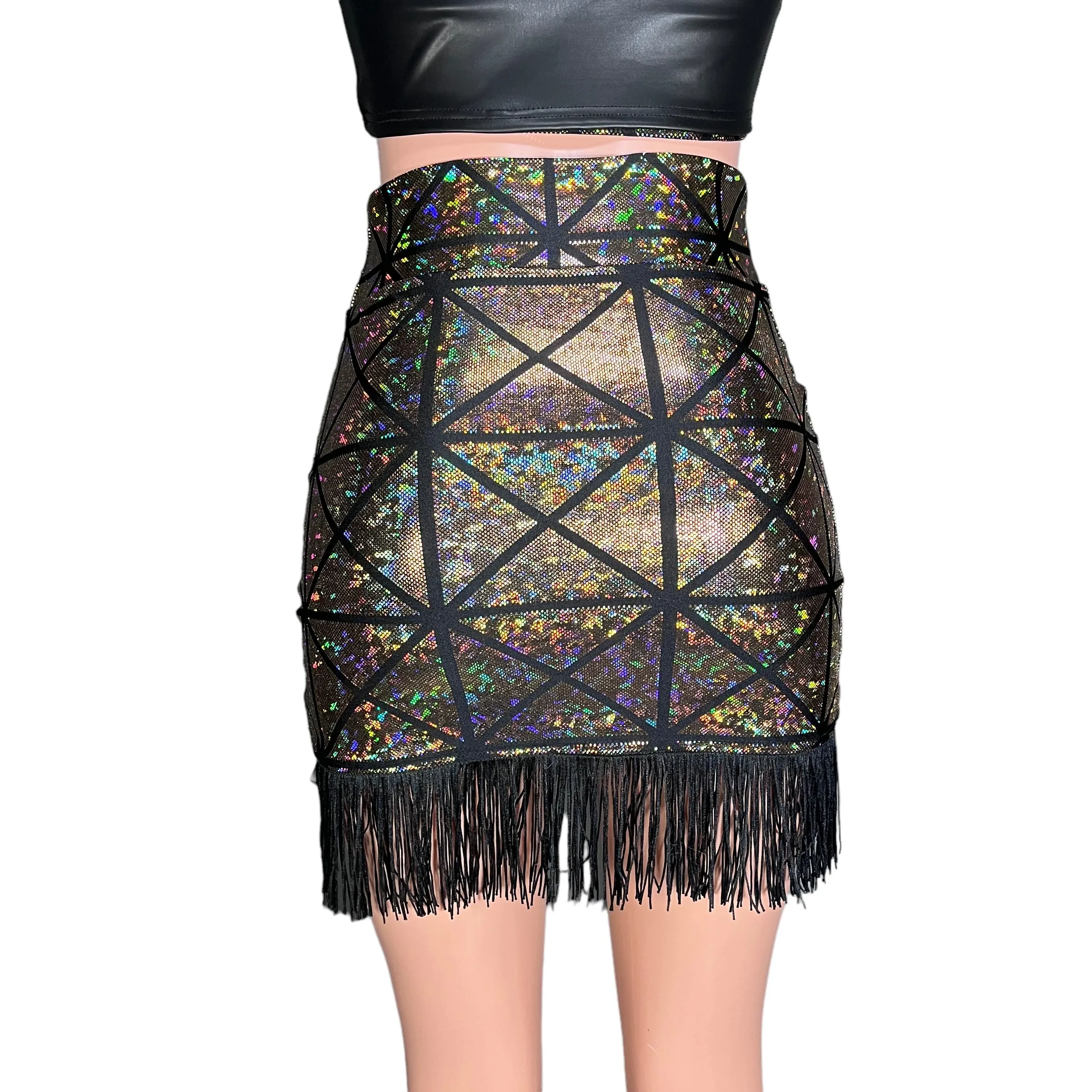 Fringe Pencil Skirt - Glass Pane Shattered Glass Holographic in Gold or Silver