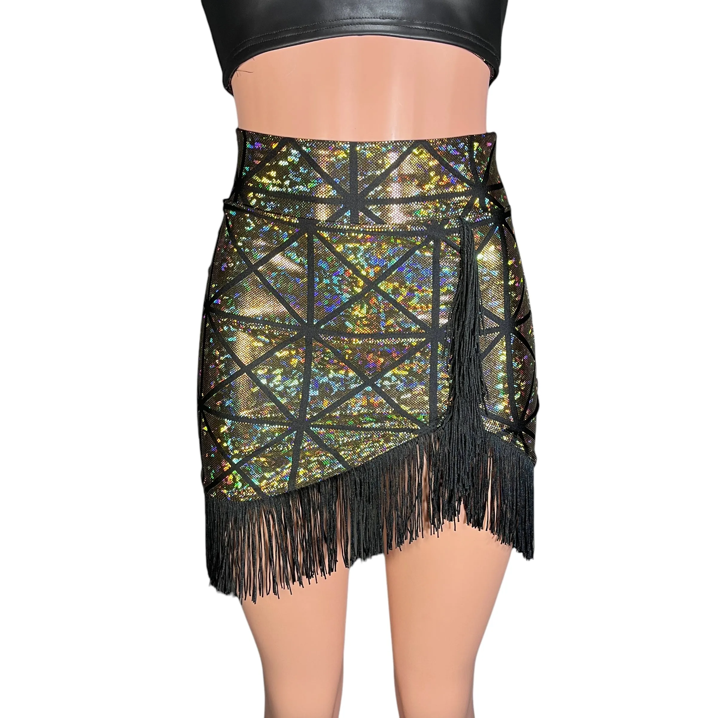 Fringe Pencil Skirt - Glass Pane Shattered Glass Holographic in Gold or Silver