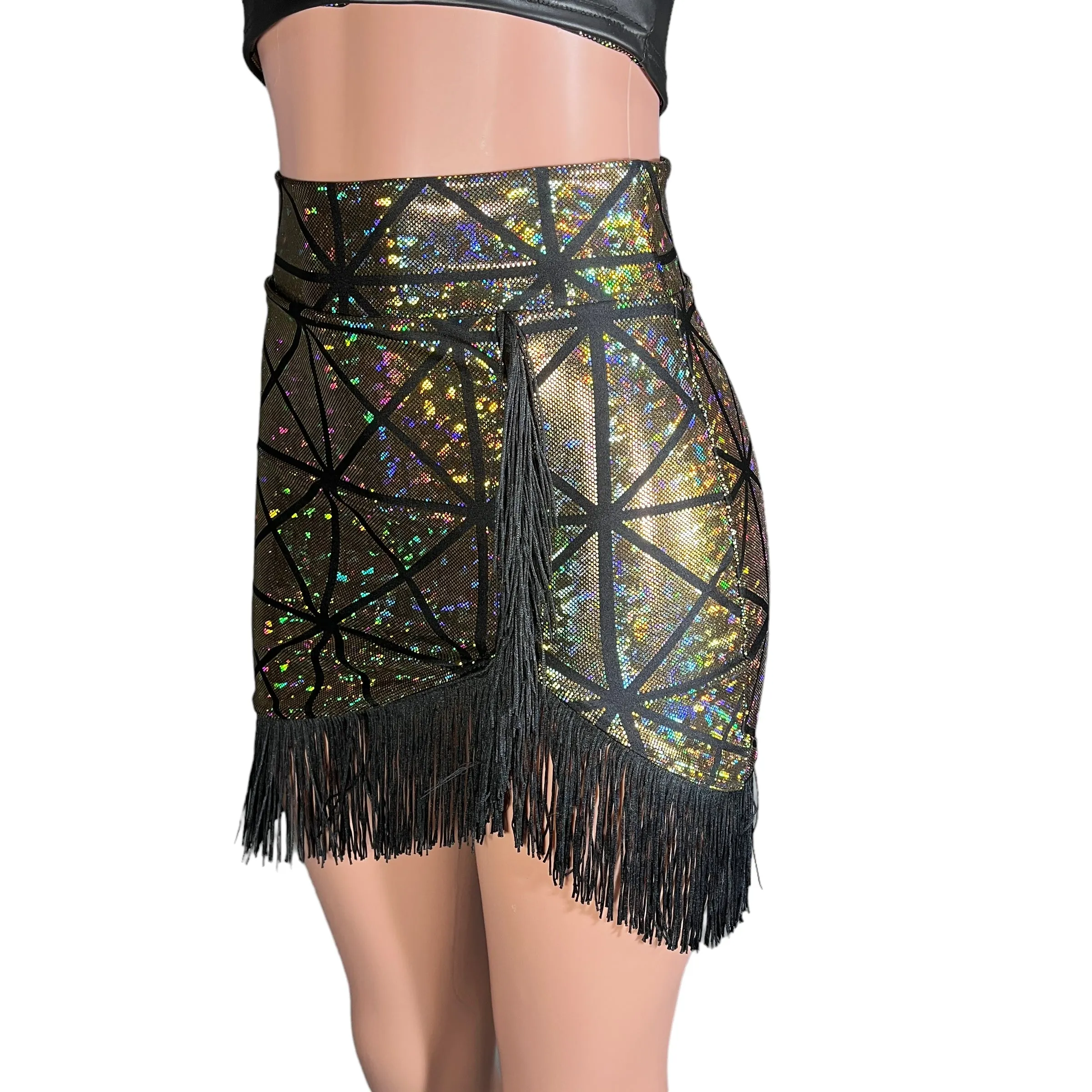 Fringe Pencil Skirt - Glass Pane Shattered Glass Holographic in Gold or Silver