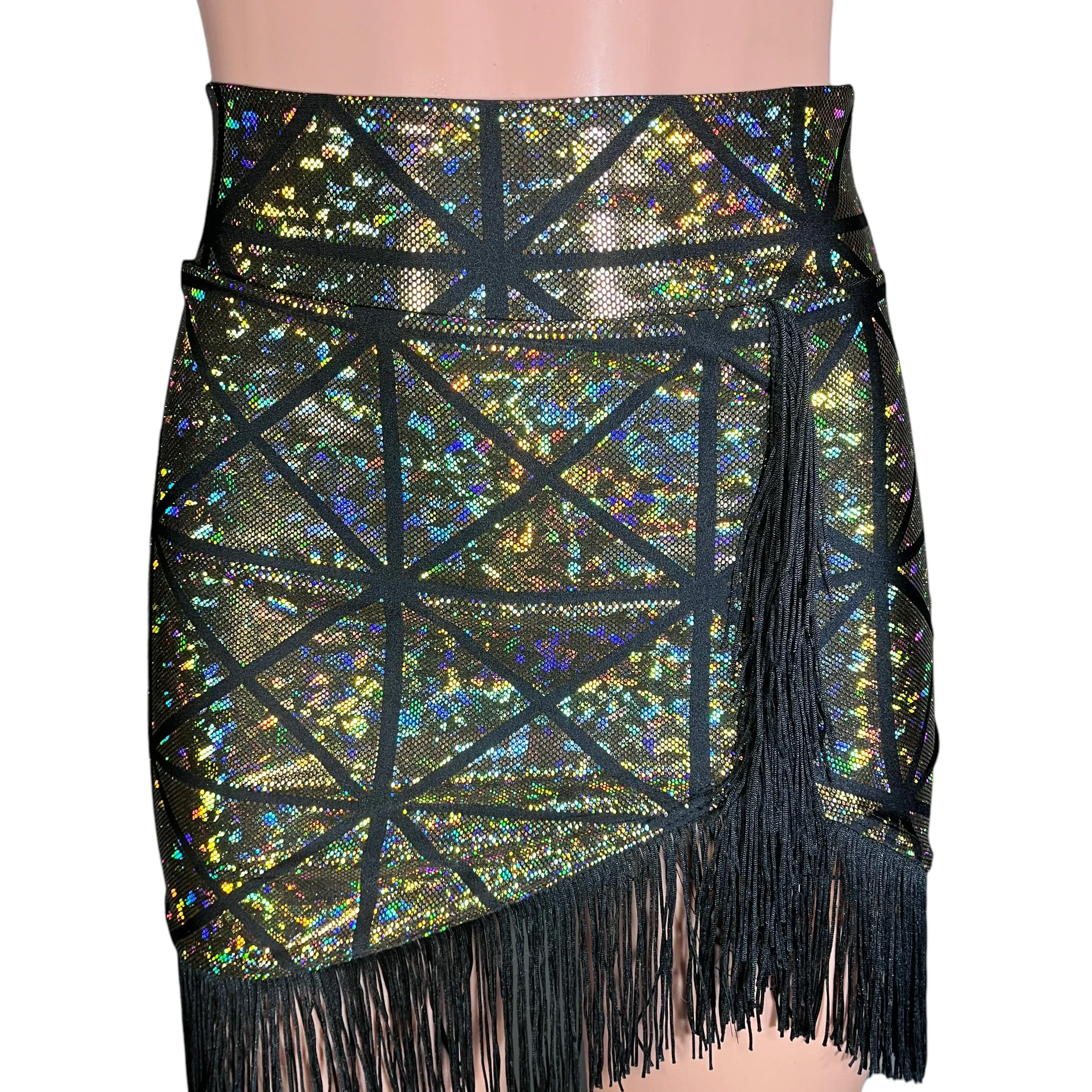 Fringe Pencil Skirt - Glass Pane Shattered Glass Holographic in Gold or Silver