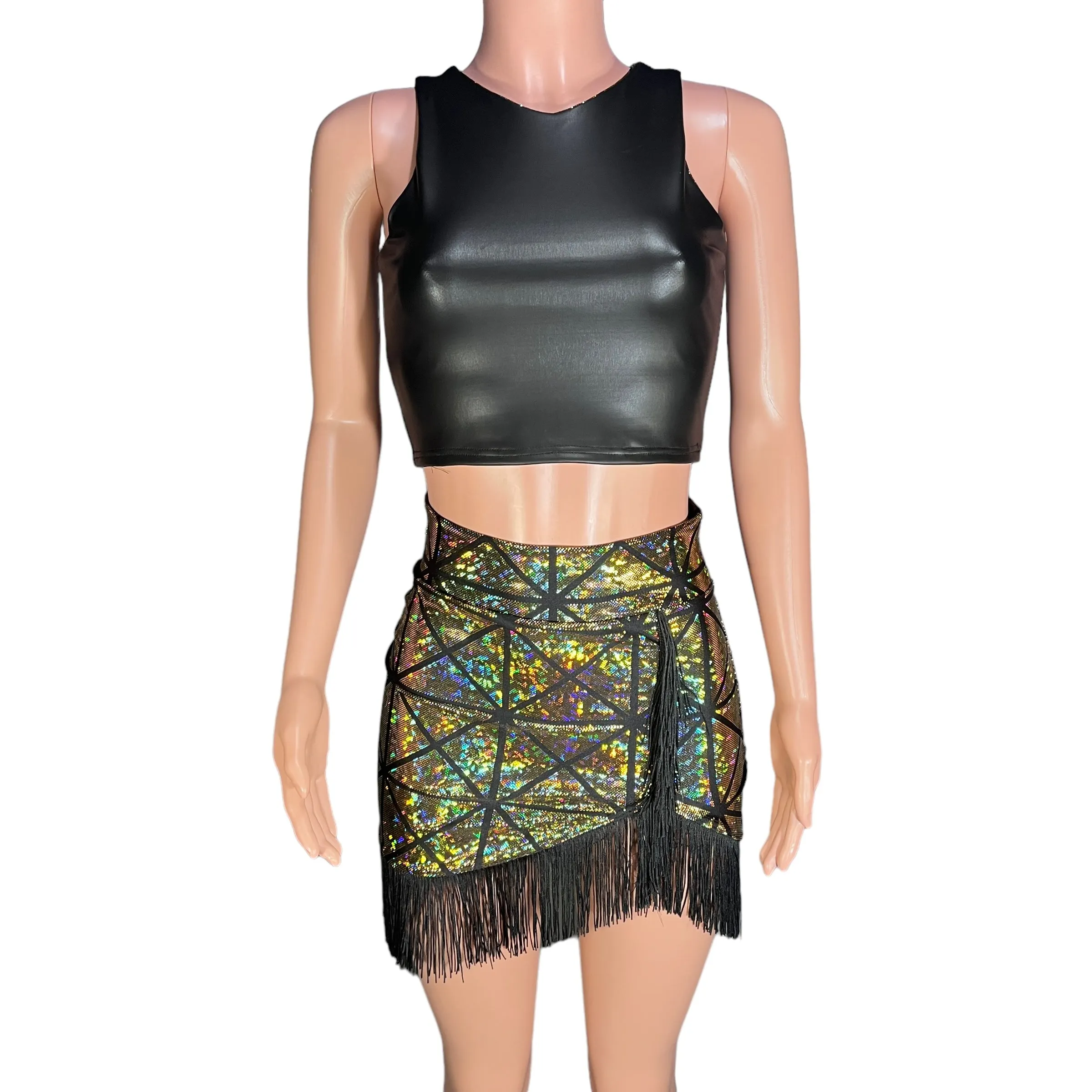 Fringe Pencil Skirt - Glass Pane Shattered Glass Holographic in Gold or Silver