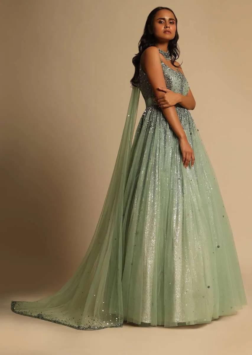 Frosted Green Empire Waist Gown In Beads Embellished Net With Shimmering Sequins Underlayer And Embellished Choker Drape Online - Kalki Fashion