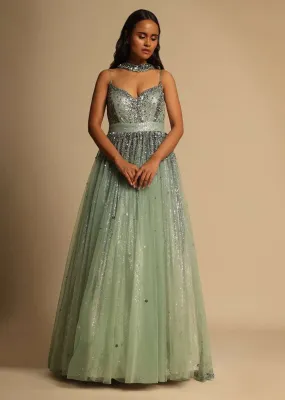 Frosted Green Empire Waist Gown In Beads Embellished Net With Shimmering Sequins Underlayer And Embellished Choker Drape Online - Kalki Fashion