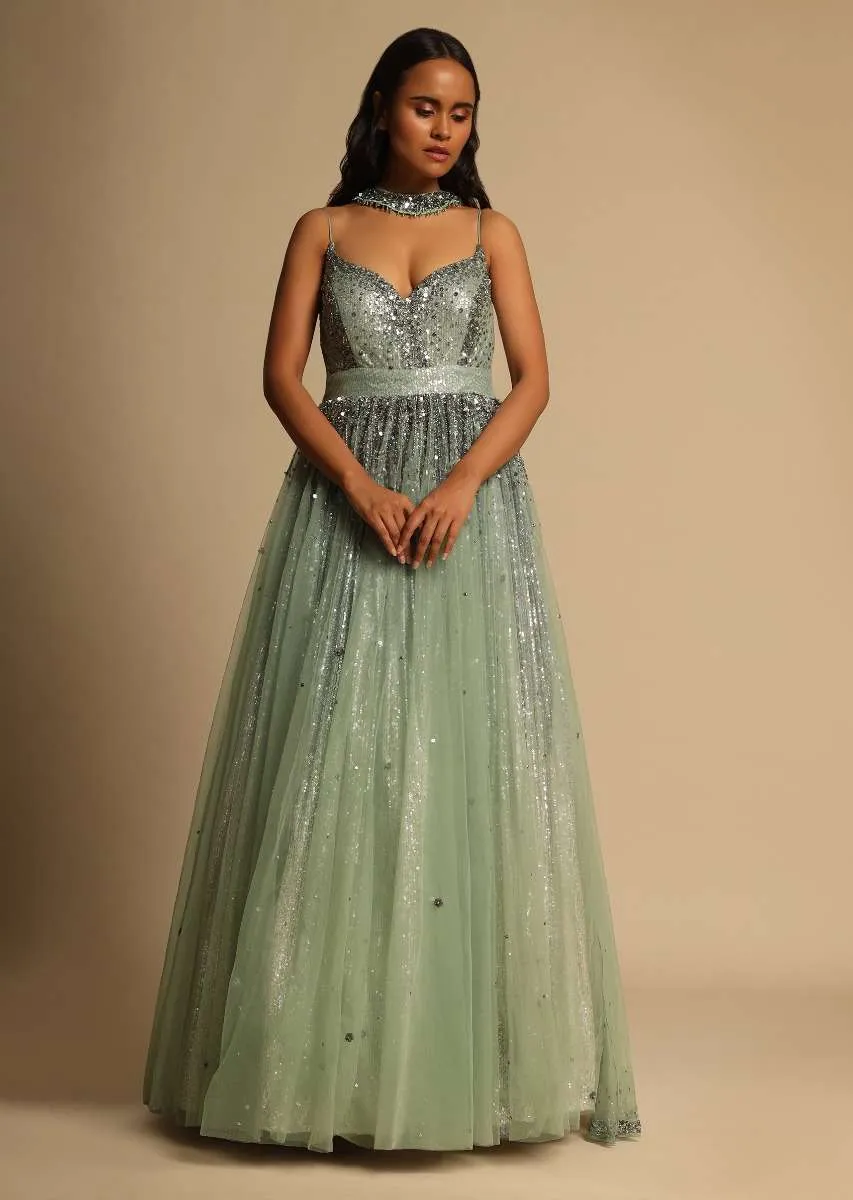 Frosted Green Empire Waist Gown In Beads Embellished Net With Shimmering Sequins Underlayer And Embellished Choker Drape Online - Kalki Fashion