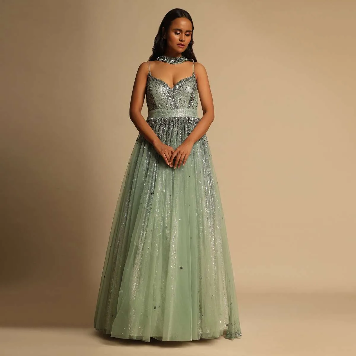 Frosted Green Empire Waist Gown In Beads Embellished Net With Shimmering Sequins Underlayer And Embellished Choker Drape Online - Kalki Fashion