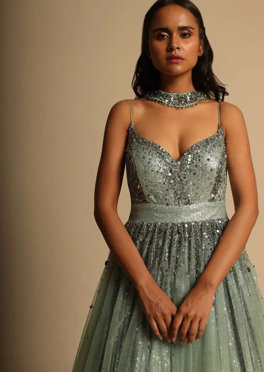 Frosted Green Empire Waist Gown In Beads Embellished Net With Shimmering Sequins Underlayer And Embellished Choker Drape Online - Kalki Fashion