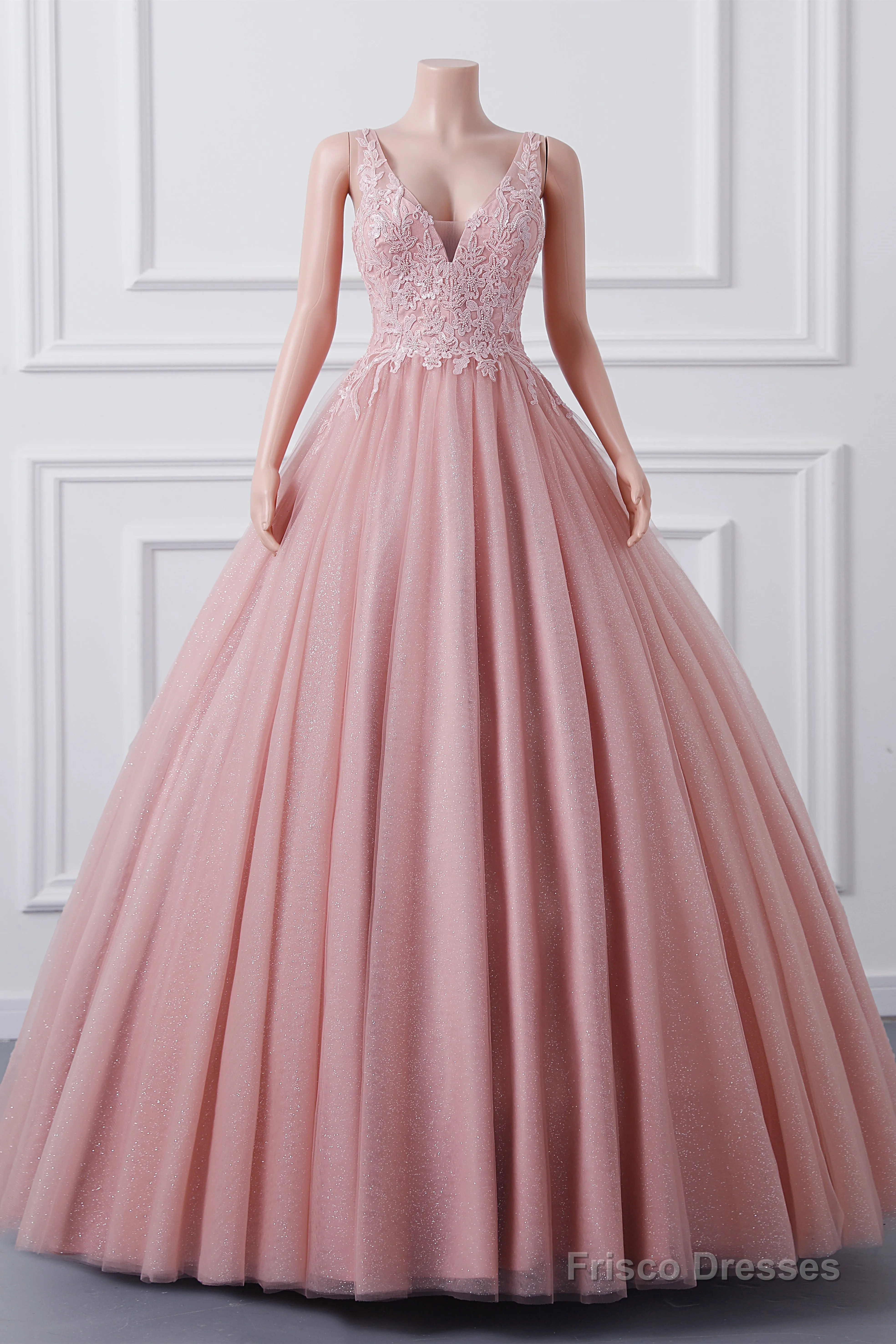 Girls Sequins V neck Dusty Rose Prom Dresses A-line Tulle Ball Gown Quinceanera Dress Sweet 16 Party Dresses