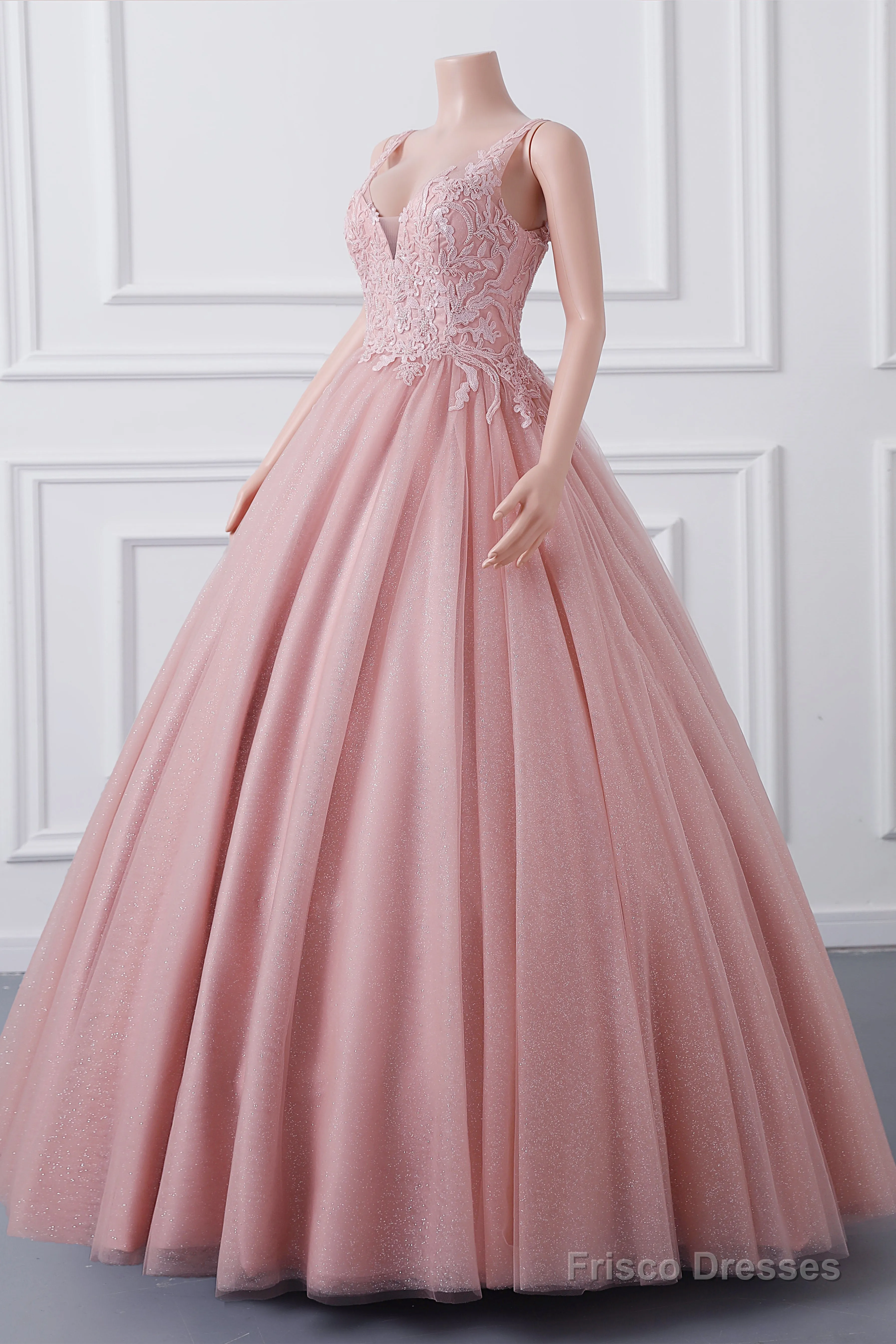 Girls Sequins V neck Dusty Rose Prom Dresses A-line Tulle Ball Gown Quinceanera Dress Sweet 16 Party Dresses