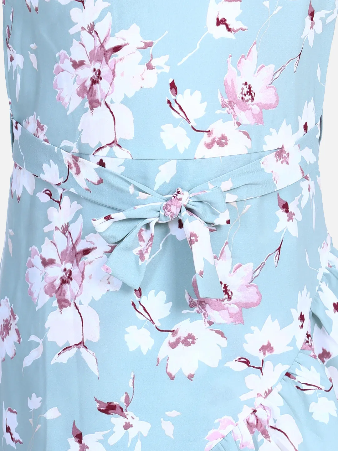 Girl's  Sky Blue Floral Print Bell Sleeve Dress - StyleStone Kid
