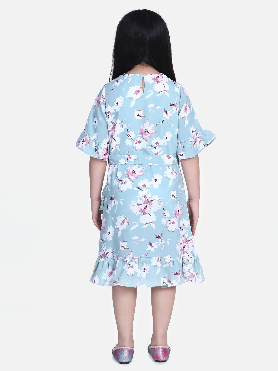 Girl's  Sky Blue Floral Print Bell Sleeve Dress - StyleStone Kid