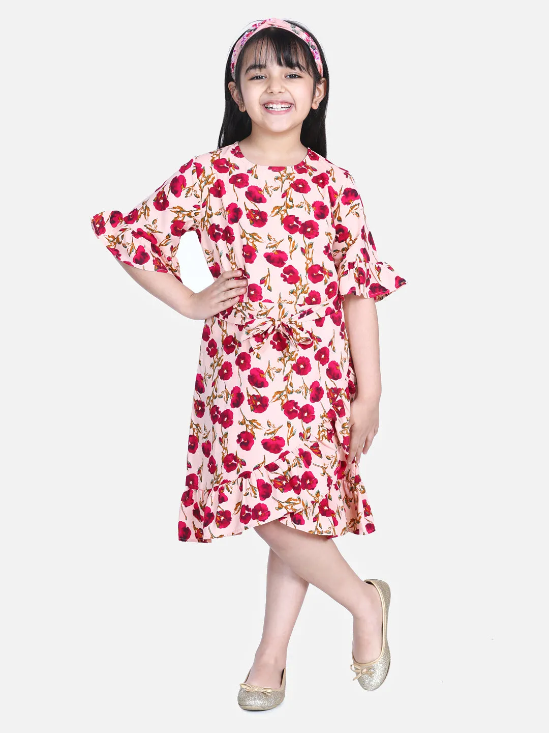 Girl's  Sky Blue Floral Print Bell Sleeve Dress - StyleStone Kid