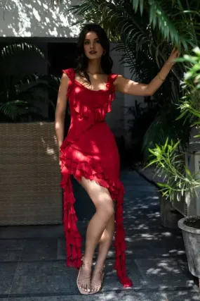 Irregular Ruffle Beautiful Strapless Birthday Party Dresses Red Prom Dresses