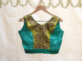 Jungle green and Neon yellow, Karnataka silk, Hand embroidery blouse