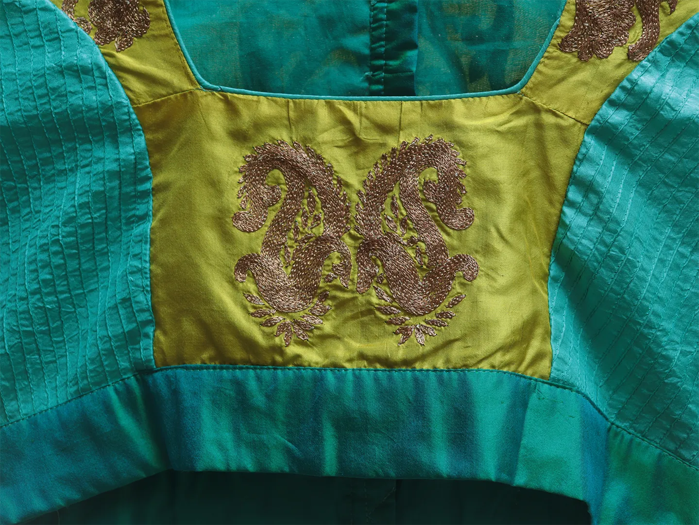 Jungle green and Neon yellow, Karnataka silk, Hand embroidery blouse