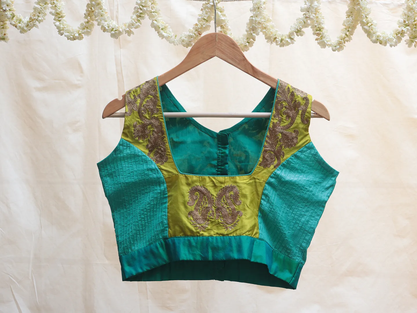 Jungle green and Neon yellow, Karnataka silk, Hand embroidery blouse