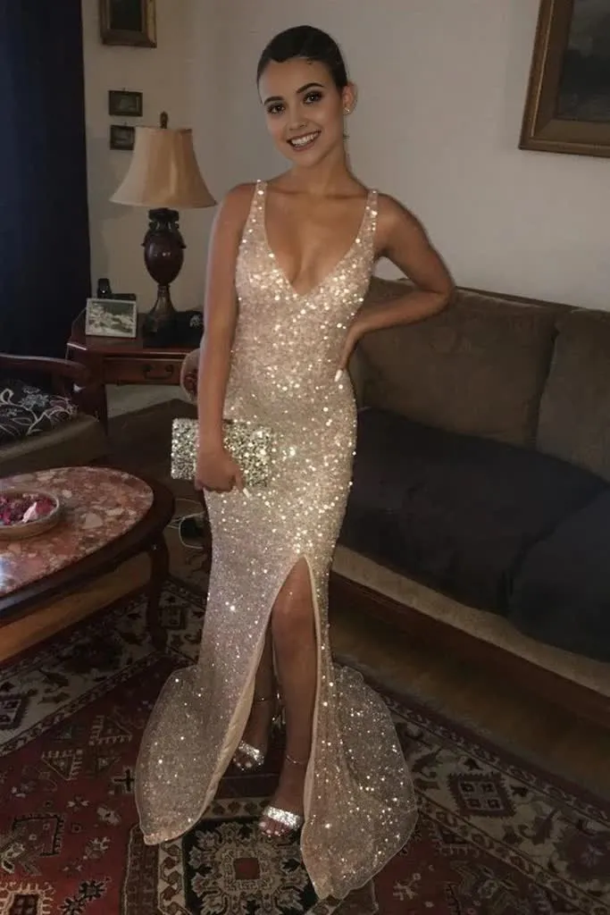 kamahe Custom Made Sparkly Sequined V Neck Golden Long Prom Dresses with Leg Slit, Shiny Golden Formal Dresses, Evening Dresses, Graduation Dresses