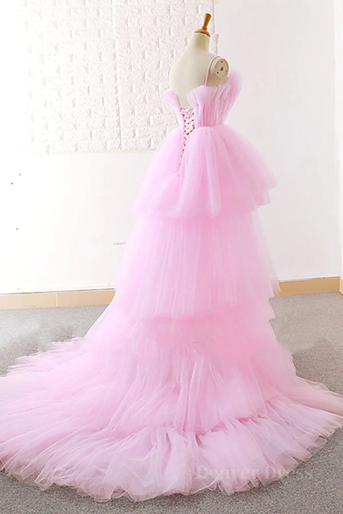 kamahe Gorgeous High Low Pink Tulle Long Prom Dresses, Pink Tulle Formal Graduation Evening Dresses