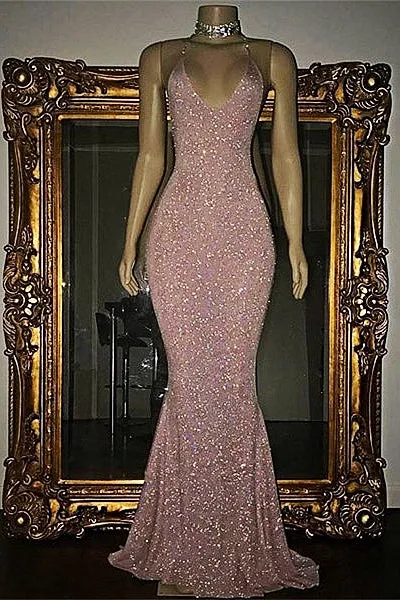 kamahe Gorgeous Sequined Mermaid Spaghetti-strap Long Sleevesless Prom Party Gowns