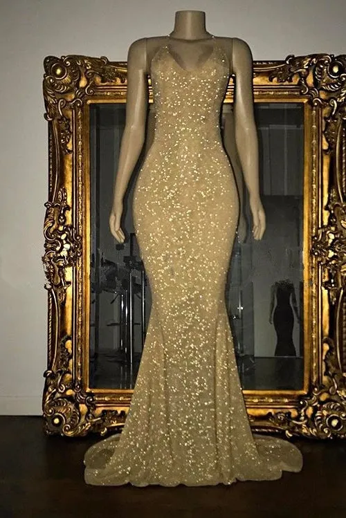 kamahe Gorgeous Sequined Mermaid Spaghetti-strap Long Sleevesless Prom Party Gowns
