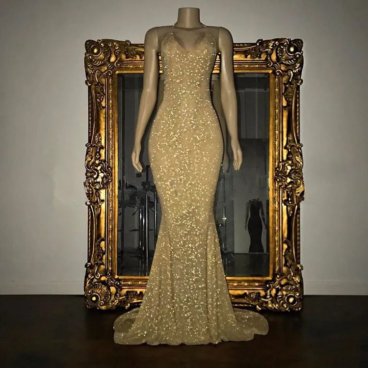 kamahe Gorgeous Sequined Mermaid Spaghetti-strap Long Sleevesless Prom Party Gowns
